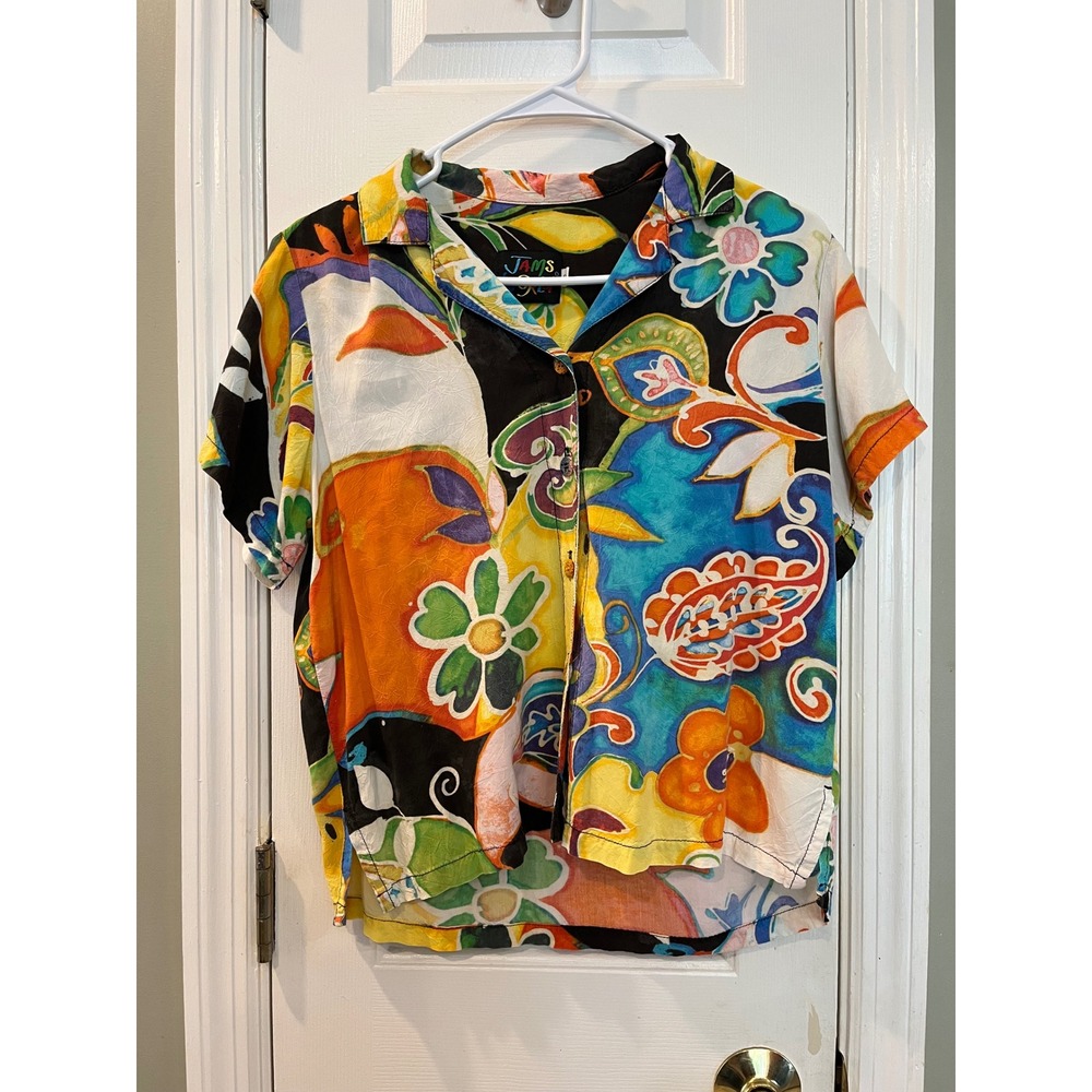 Vintage Jams World "Mystere" Crinkle Spun Button Up Shirt S Abstract Floral